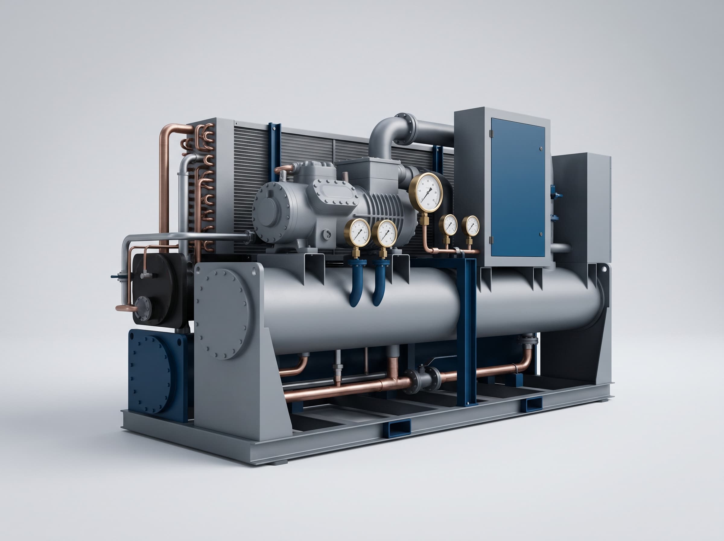 Water-cooled chiller with compressor, gauges and copper pipework on a steel skid