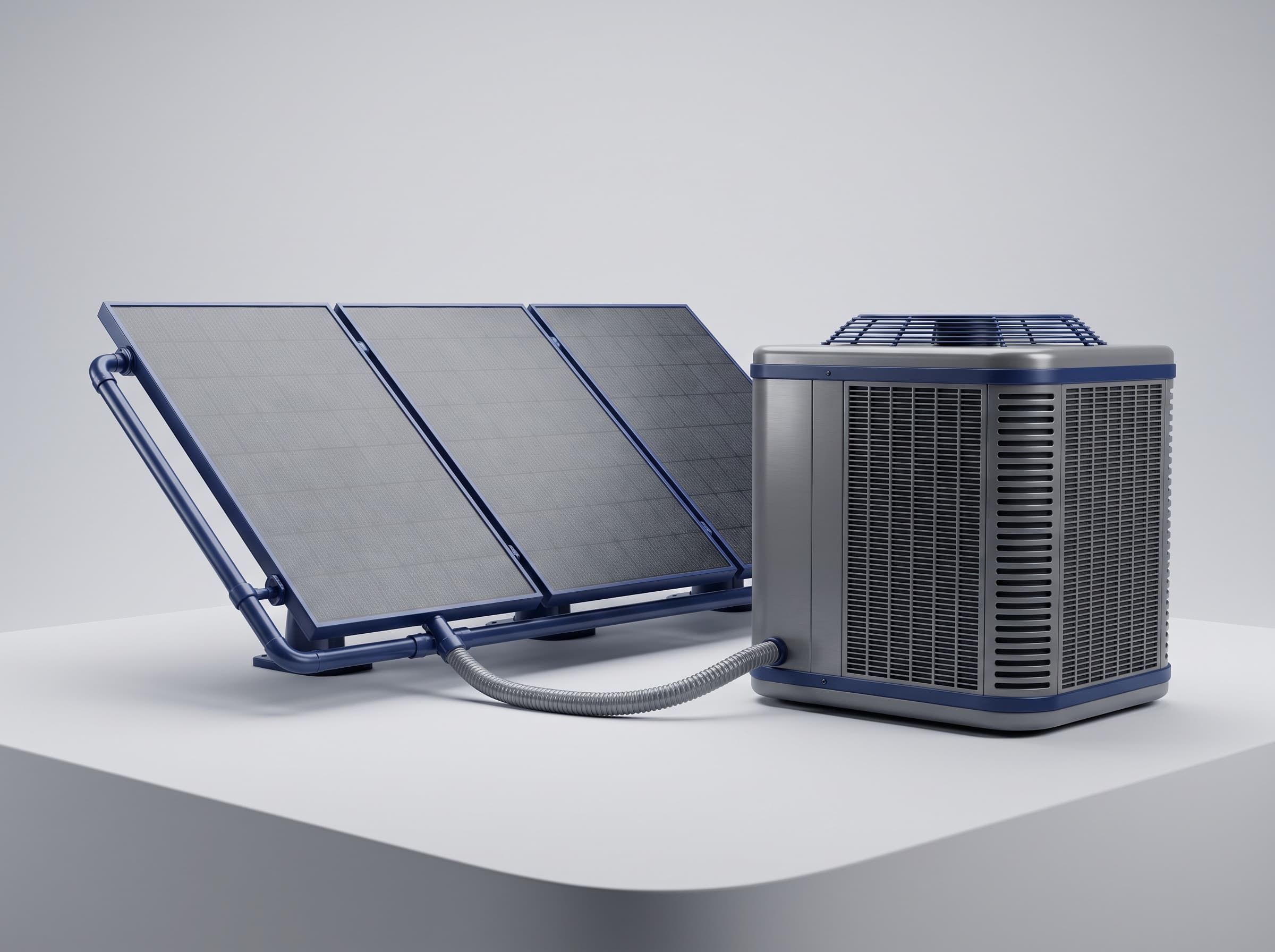 Solar panel array connected to an air-cooled condenser unit for hybrid cooling