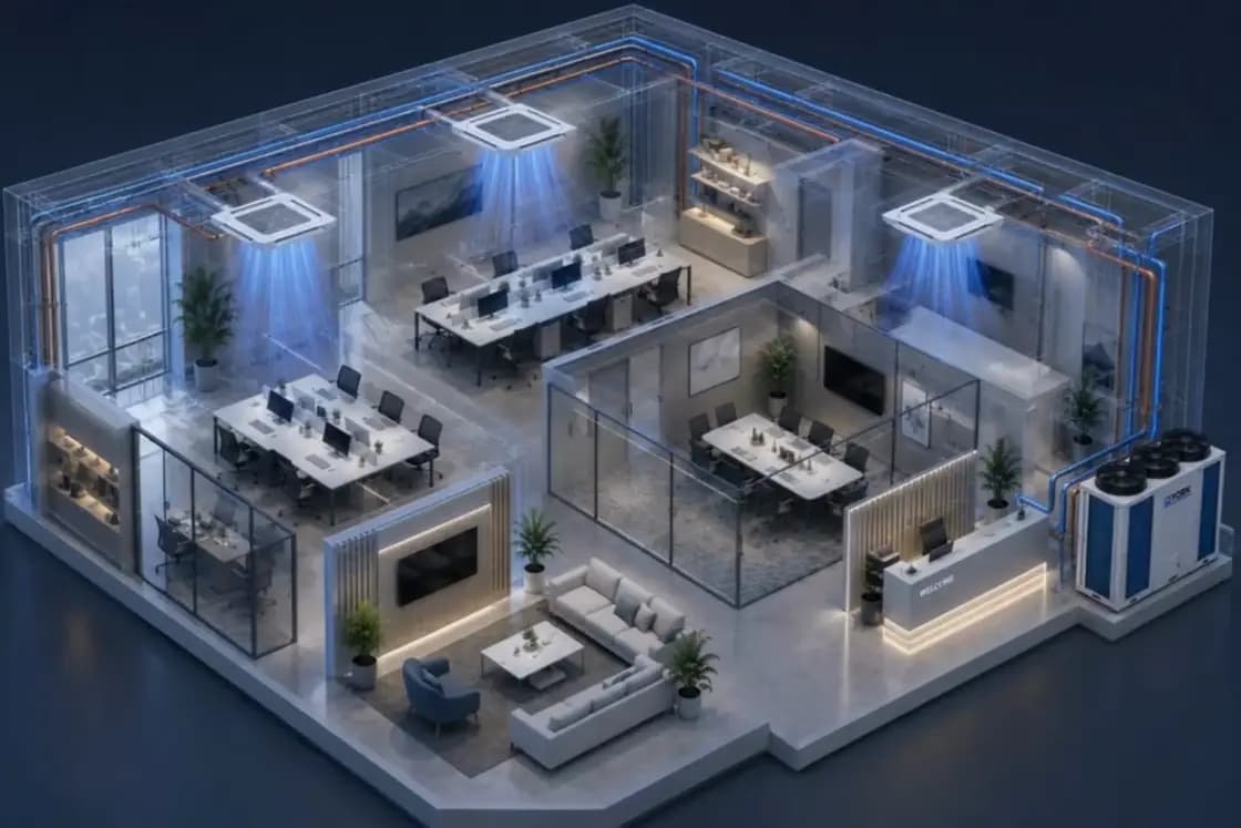 Cutaway animation of an office building: refrigerant lines run from a single outdoor condensing unit to indoor units in each zone, then the view moves inside the outdoor unit to show its heat exchanger, electronic expansion valve, compressor and inverter drive.